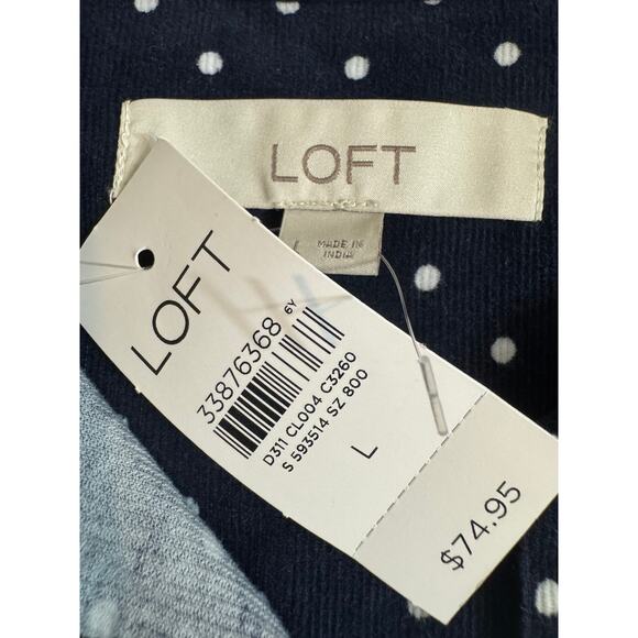 Loft blouse blue fine wale corduroy white dots button up collared Sz L NWT - Picture 6 of 7